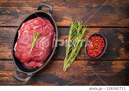 Ready for cooking beef cheeks, raw meat in skillet. wooden background. top view 126392711
