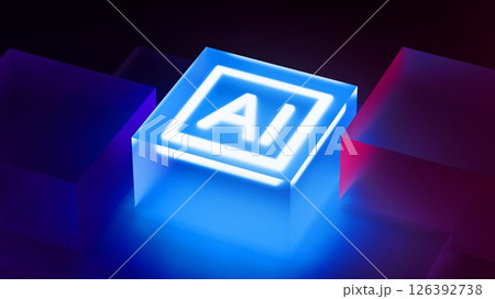 AI, artificial intelligence logo in neon glass cube. 3d render artificial intelligence concept, 126392738