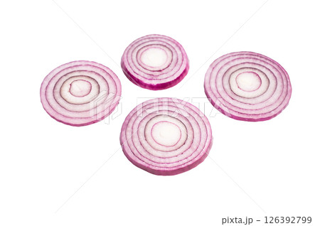 Raw onion rings isolated on white background. top view Raw onion rings isolated on white background. top view 126392799