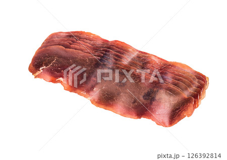 Dried spanish meat slices cecina, spanish tapa isolated on white background. top view 126392814