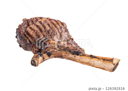 Grilled Tomahawk beef steak, cooked rib eye with bone isolated on white background. top view Grilled Tomahawk beef steak, cooked rib eye with bone isolated on white background. top view 126392816
