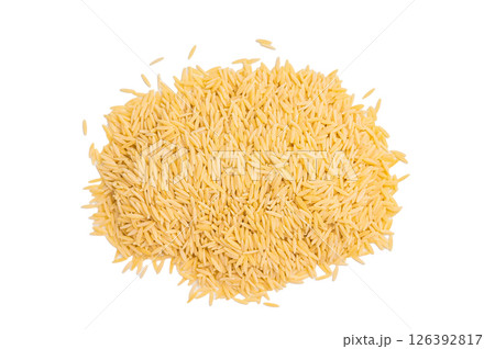 Pile of Uncooked Orzo pasta, raw dry Italian risoni isolated on white background. top view 126392817