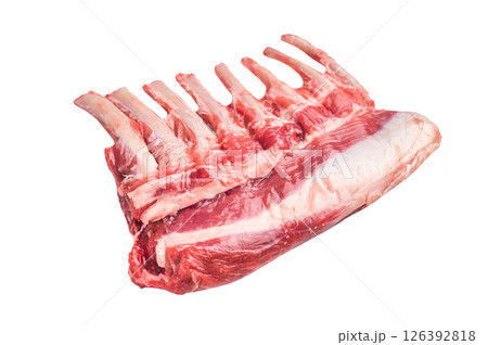 Raw rack of lamb, mutton cutlets isolated on white background. top view 126392818