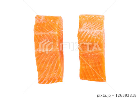 Uncooked Raw Salmon fillet steaks isolated on white background. top view Uncooked Raw Salmon fillet steaks isolated on white background. top view 126392819