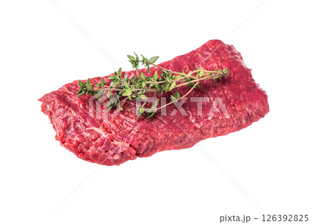 Raw flank steak, beef meat ready for BBQ isolated on white background. top view Raw flank steak, beef meat ready for BBQ isolated on white background. top view 126392825