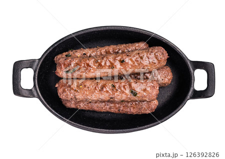BBQ roast Turkish Urfa kebab with herbs isolated on white background. top view 126392826