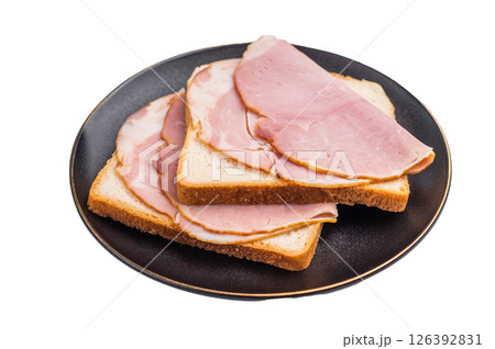 Ham sandwich, toast with sliced Prosciutto Cotto isolated on white background. top view Ham sandwich, toast with sliced Prosciutto Cotto isolated on white background. top view 126392831