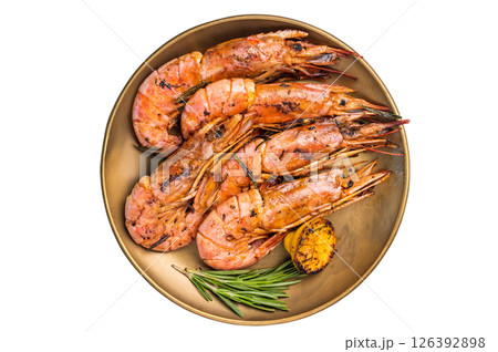 Grilled red Argentine shrimps, Prawns Langostino Austral on a plate with herbs isolated on white background. top view Grilled red Argentine shrimps, Prawns Langostino Austral on a plate with herbs isolated on white background. top view 126392898