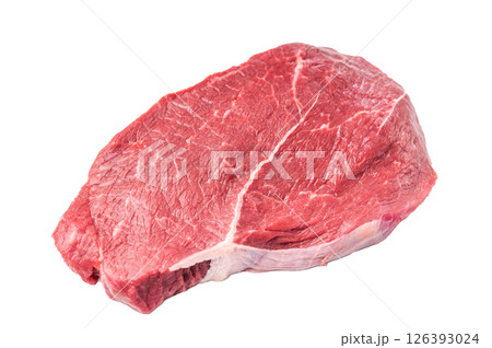 Fresh raw top sirloin steak, beautifully marbled and ready for grilling, perfect for meat lovers seeking quality. isolated on white background. top view 126393024