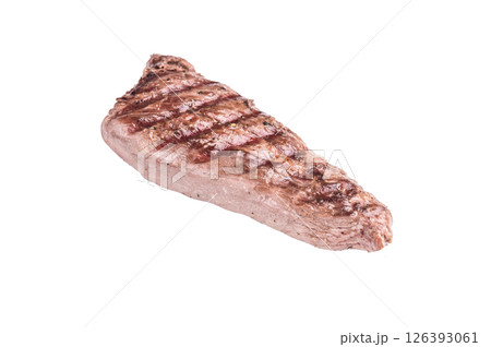 Grilled Mutton tenderloin fillet steak, lamb meat with herbs isolated on white background. top view 126393061