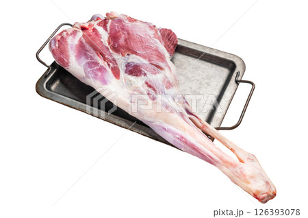 Raw whole lamb leg, fresh mutton meat isolated on white background. top view Raw whole lamb leg, fresh mutton meat isolated on white background. top view 126393078
