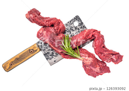 Alternative Beef cut Machete Skirt Steak, raw prime meat on butcher table isolated on white background Alternative Beef cut Machete Skirt Steak, raw prime meat on butcher table isolated on white background 126393092