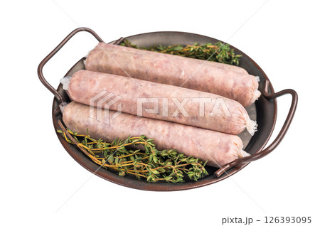 Raw Sausages with minced pork meat, bockwurst isolated on white background. top view Raw Sausages with minced pork meat, bockwurst isolated on white background. top view 126393095