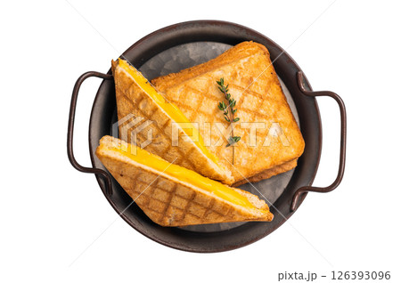 Toasted sliced cheese sandwiches isolated on white background. top view Toasted sliced cheese sandwiches isolated on white background. top view 126393096