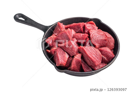 Ready for cooking Diced Elk meat, raw Game Meat in a pan Isolated on white background. top view Ready for cooking Diced Elk meat, raw Game Meat in a pan Isolated on white background. top view 126393097