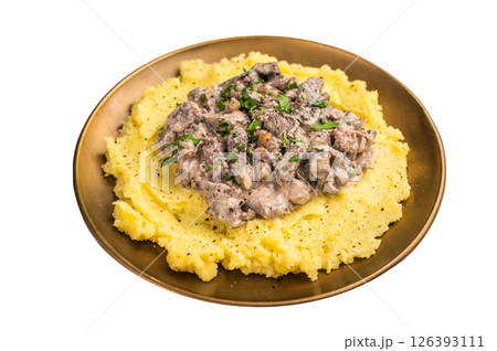 Beef Stroganoff over mashed potatoes with creamy sauce in a plate isolated on white background. top view 126393111