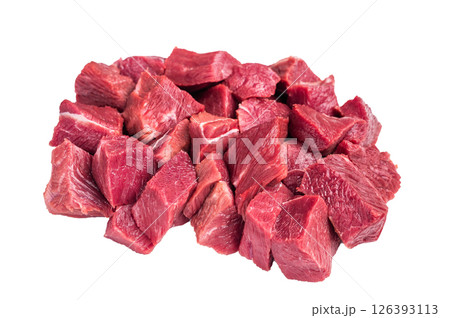 Diced Raw Ostrich meat, uncooked Game Meat isolated on white background. top view 126393113