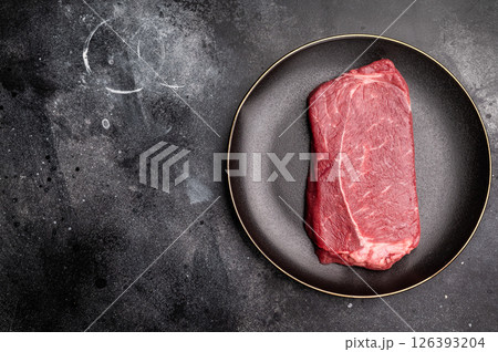 Fresh raw Rump beef steak, organic meat. black background. top view 126393204