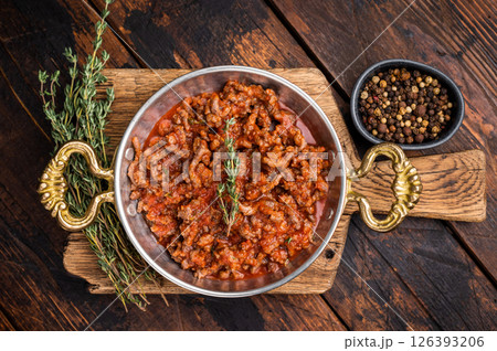 Bolognese Sauce, Authentic Italian meat and tomato pasta recipe. wooden background. top view 126393206