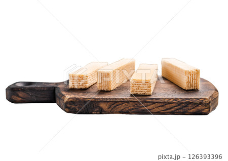 Wafer stick biscuits on wooden board isolated on white background. top view 126393396