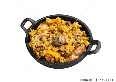 Pilaf with beef and lamb meat, vegetables in a skillet isolated on white background 126393414
