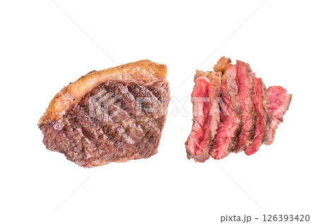 Appetizing grilled striploin steak with salad, inviting you to indulge in a mouthwatering culinary experience. isolated on white background. top view Appetizing grilled striploin steak with salad, inviting you to indulge in a mouthwatering culinary experience. isolated on white background. top view 126393420