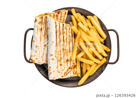 Shawarma, shaurma or doner kebab with meat and salad isolated on white background Shawarma, shaurma or doner kebab with meat and salad isolated on white background 126393426