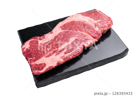 Chuck eye roll steak, raw marbled beef meat with herb for cooking isolated on white background 126393433