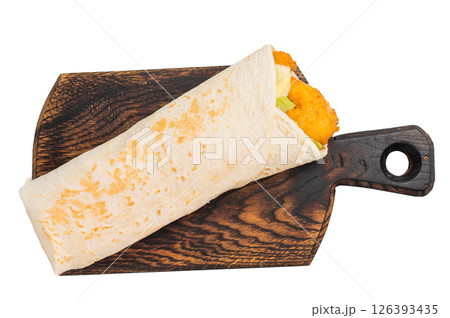 Seafood Shawarma wrap with shrimps, prawns and veggies isolated on white background 126393435