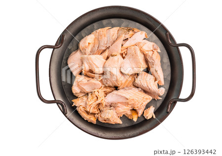 Shredded salmon roasted fillets isolated on white background. Top view 126393442