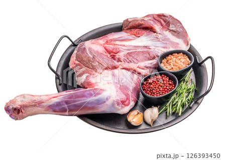 Whole fresh lamb mutton shoulder, inviting you to prepare a delicious roast that will impress your guests. isolated on white background. top view 126393450