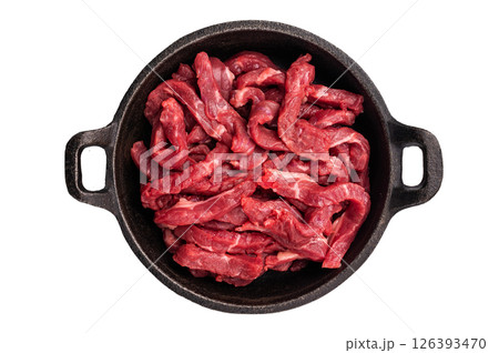 Raw beef meat sliced strips for beef stroganoff isolated on white background 126393470