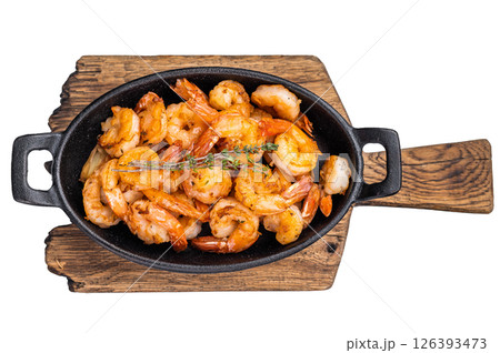 Deliciously seasoned grilled shrimp prawns with vibrant colors, a must-have for seafood lovers and culinary enthusiasts. isolated on white background. top view 126393473