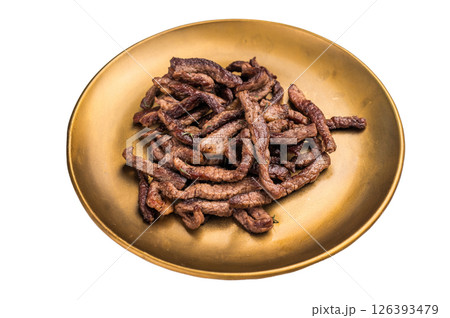 Beef fritter, Deep fried beef tender strips, sliced meat in a plate isolated on white background Beef fritter, Deep fried beef tender strips, sliced meat in a plate isolated on white background 126393479