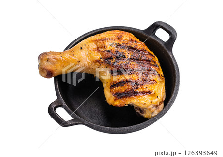 Grilled chicken leg or quarter in a skillet, roasted poultry meat isolated on white background. Grilled chicken leg or quarter in a skillet, roasted poultry meat isolated on white background. 126393649