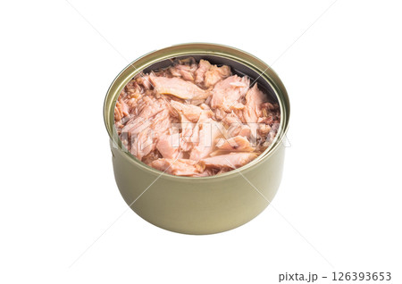 Delicious canned tuna in olive oil, ideal for salads, sandwiches, or as a savory snack on the go. isolated on white background. top view Delicious canned tuna in olive oil, ideal for salads, sandwiches, or as a savory snack on the go. isolated on white background. top view 126393653