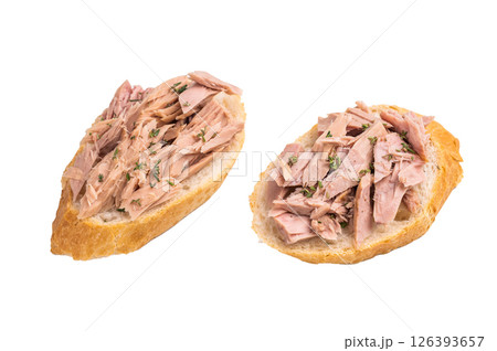 Freshly made tuna salad sandwich on whole grain bread, a nutritious and satisfying meal for any time of day. isolated on white background. top view Freshly made tuna salad sandwich on whole grain bread, a nutritious and satisfying meal for any time of day. isolated on white background. top view 126393657