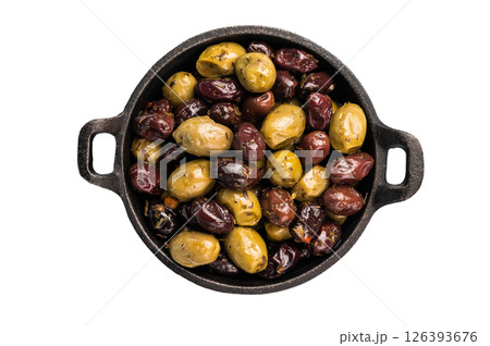 Black and green pickled olives in skillet isolated on white background. Black and green pickled olives in skillet isolated on white background. 126393676