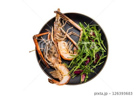 Elegant plate of grilled rosenbergii prawns shrimps garnished with fresh herbs, perfect for gourmet dining experiences. isolated on white background. top view Elegant plate of grilled rosenbergii prawns shrimps garnished with fresh herbs, perfect for gourmet dining experiences. isolated on white background. top view 126393683