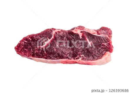 Raw Organic New York Strip Steak, prime striplon beef meat isolated on white background Raw Organic New York Strip Steak, prime striplon beef meat isolated on white background 126393686
