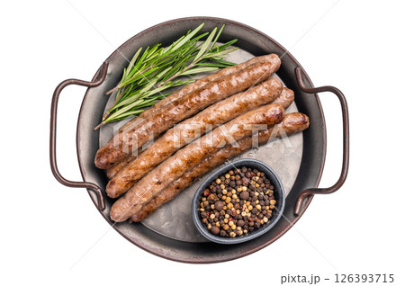 Juicy grilled sausage sizzling on the barbecue, perfect for summer cookouts and outdoor gatherings. isolated on white background. top view Juicy grilled sausage sizzling on the barbecue, perfect for summer cookouts and outdoor gatherings. isolated on white background. top view 126393715
