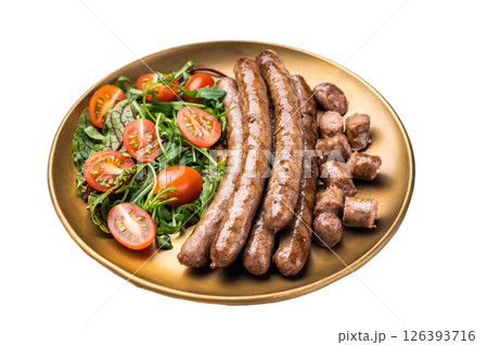 Close up of perfectly charred grilled sausage with salad, ideal for adding flavor to your favorite dishes or sandwiches. isolated on white background. top view Close up of perfectly charred grilled sausage with salad, ideal for adding flavor to your favorite dishes or sandwiches. isolated on white background. top view 126393716