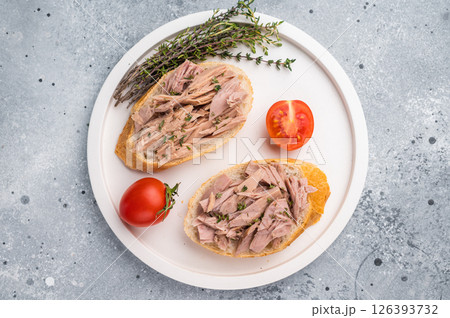 Freshly made tuna salad sandwich on whole grain bread, a nutritious and satisfying meal for any time of day. grey background. top view 126393732
