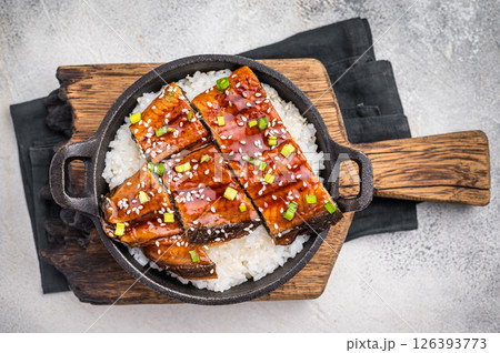 Japanese Cuisine Unadon, grilled unagi eel with rice in a skillet. white background. top view Japanese Cuisine Unadon, grilled unagi eel with rice in a skillet. white background. top view 126393773
