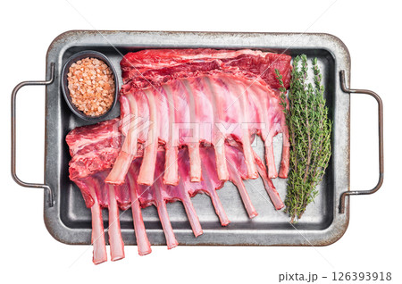 Raw mutton meat for chops steaks, uncooked rack of lamb on steel tray with herbs isolated on white background. top view Raw mutton meat for chops steaks, uncooked rack of lamb on steel tray with herbs isolated on white background. top view 126393918