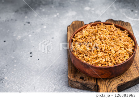 Crispy Fried Onion, Roasted dried Onions. white background. top view Crispy Fried Onion, Roasted dried Onions. white background. top view 126393965