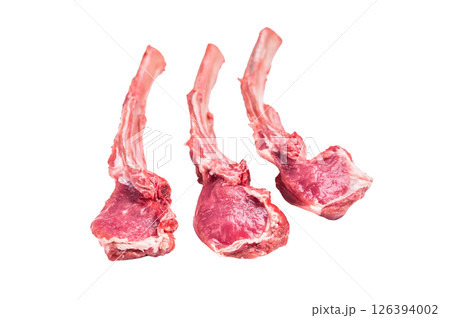 Raw lamb meat chops, fresh mutton cutlets isolated on white background. top view 126394002