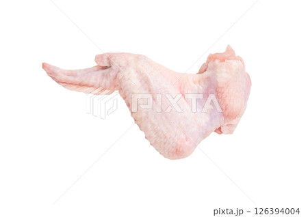 Fresh raw chicken wings, perfect for marinating and grilling, ready to become the star of your next barbecue. isolated on white background. top view Fresh raw chicken wings, perfect for marinating and grilling, ready to become the star of your next barbecue. isolated on white background. top view 126394004