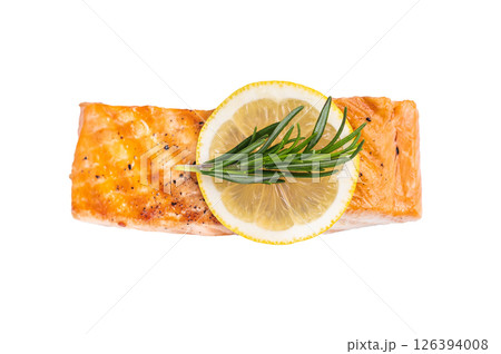 Grilled salmon fillet steak, roast fish isolated on white background. top view Grilled salmon fillet steak, roast fish isolated on white background. top view 126394008