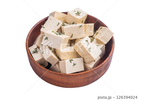 Sliced Diced soybean tofu cheese in bowl isolated on white background. top view 126394024